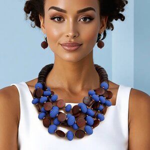 Beaded Royal Blue Coconut Wood Disc Necklace